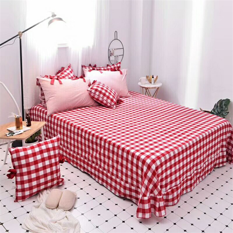Mùa xuân bông sợi, nhuộm denim nơ phong cách dễ thương rắn màu kẻ sọc giường váy phần lanh Hàn Quốc bông rửa - Bộ đồ giường bốn mảnh chăn ga gối đệm màu hồng