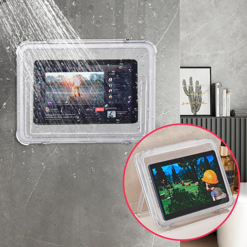 Waterproof Tablet Case, No-Drill Bathroom Shower Entertainment Device, Phone Holder, Storage Box, Wall-Mounted Shelf