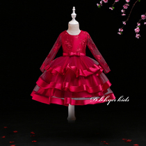 Little girl foreign style red princess dress Girl performance suit Puffy yarn June 1 childrens dress Host birthday