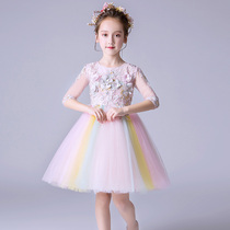 Childrens dress puffy gauze rainbow little girl birthday wedding dress high-end catwalk foreign girl princess dress costume