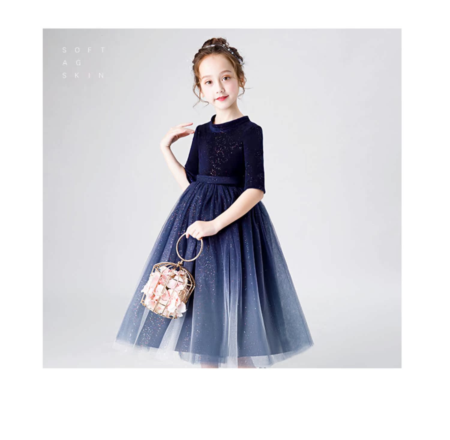 Cô gái công chúa váy hoa trẻ em váy xanh violin trang phục chơi sinh nhật cô gái dài phần - Váy trẻ em đồ bộ bé trai