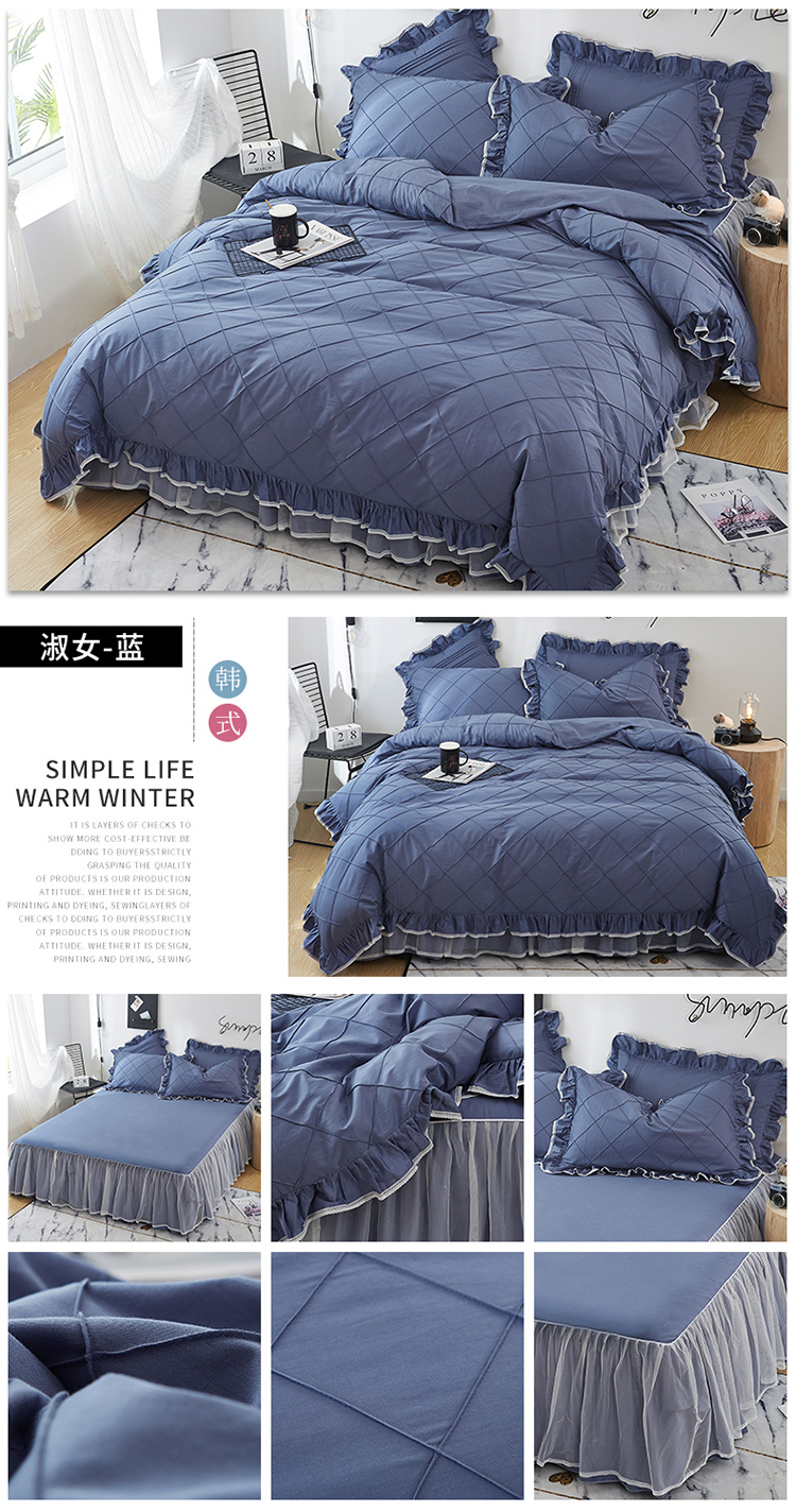 Bông vải cotton bốn mảnh màu đỏ công chúa gió bộ đồ giường ren xù lông giường vải cô gái trái tim - Bộ đồ giường bốn mảnh chăn gối