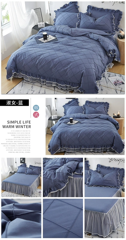 Bông vải cotton bốn mảnh màu đỏ công chúa gió bộ đồ giường ren xù lông giường vải cô gái trái tim - Bộ đồ giường bốn mảnh