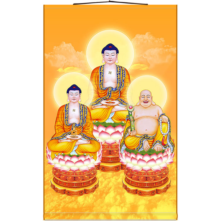 Third Buddha image Shakyamuni Buddha Buddha Lamp Buddha Maitreya Buddha Buddha picture Scroll shaft hanging painting Full screen full screen silk cloth painting
