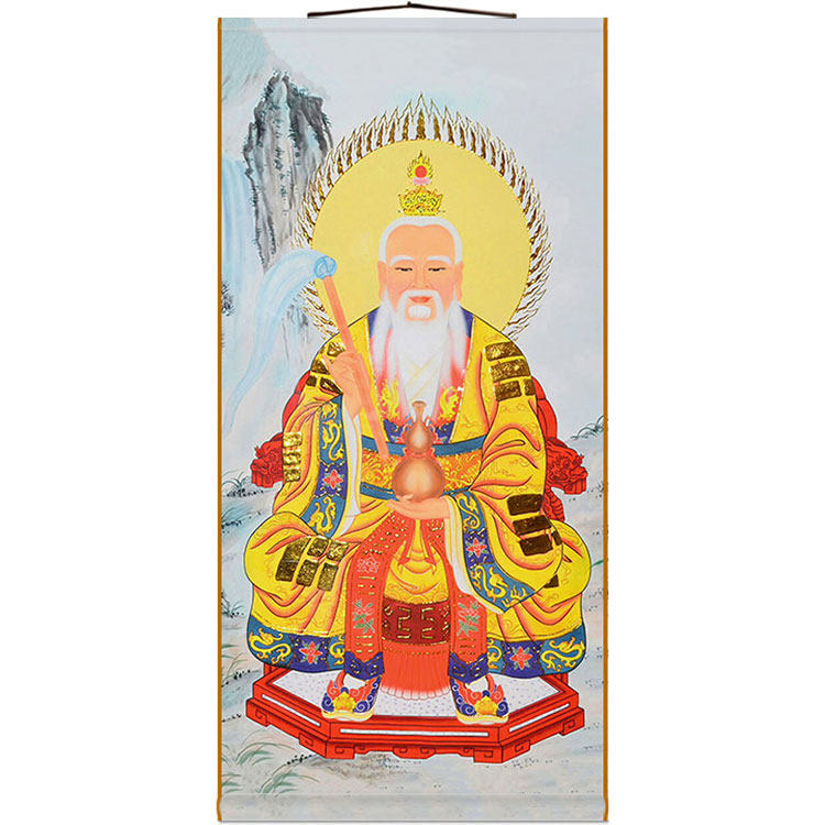 Taishang Laojun whisking map moral Tianzun patriarch fairy painting silk cloth material scroll hanging painting water and land painting