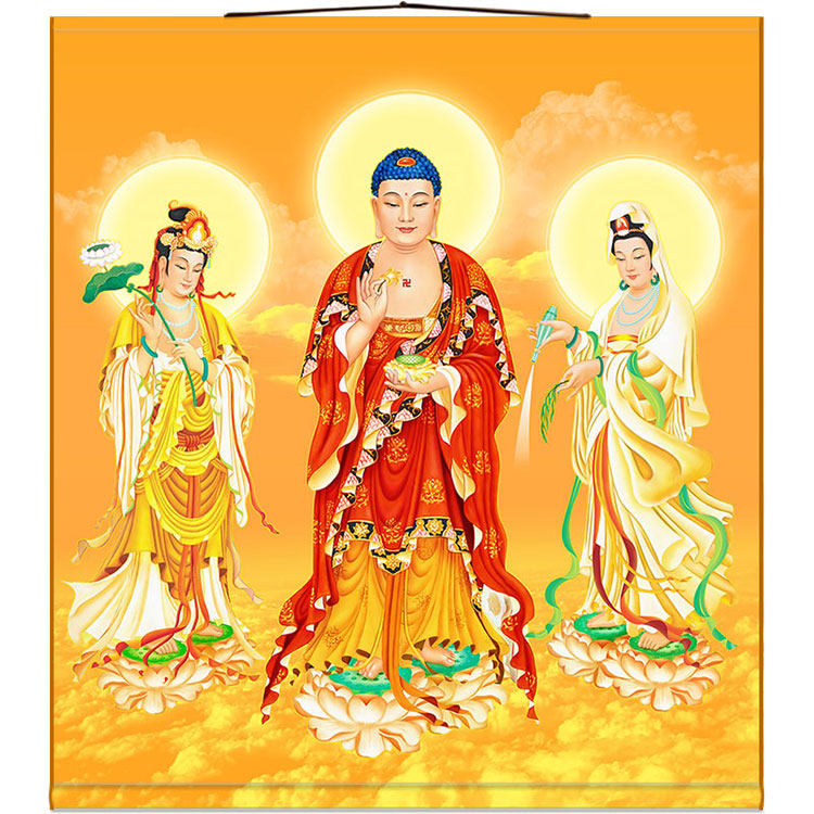 Western Three Holy Citation Buddha Tua Amitaba Buddhas to Drip Guanyin Bodhisattva Bodhisattva Bodhisattva statue Full Screen Hanging Painting Shaft