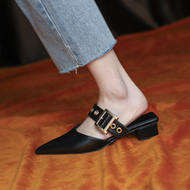 Baotou semi-slippers female outside wearing 2022 new fashion rivet single shoe woman pointed cold tugging Europe and America Mueller shoes rough heel