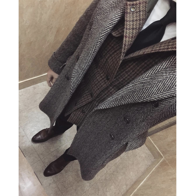 British vintage wool polo coat polocoat long slim man-printed rough flower men's coat