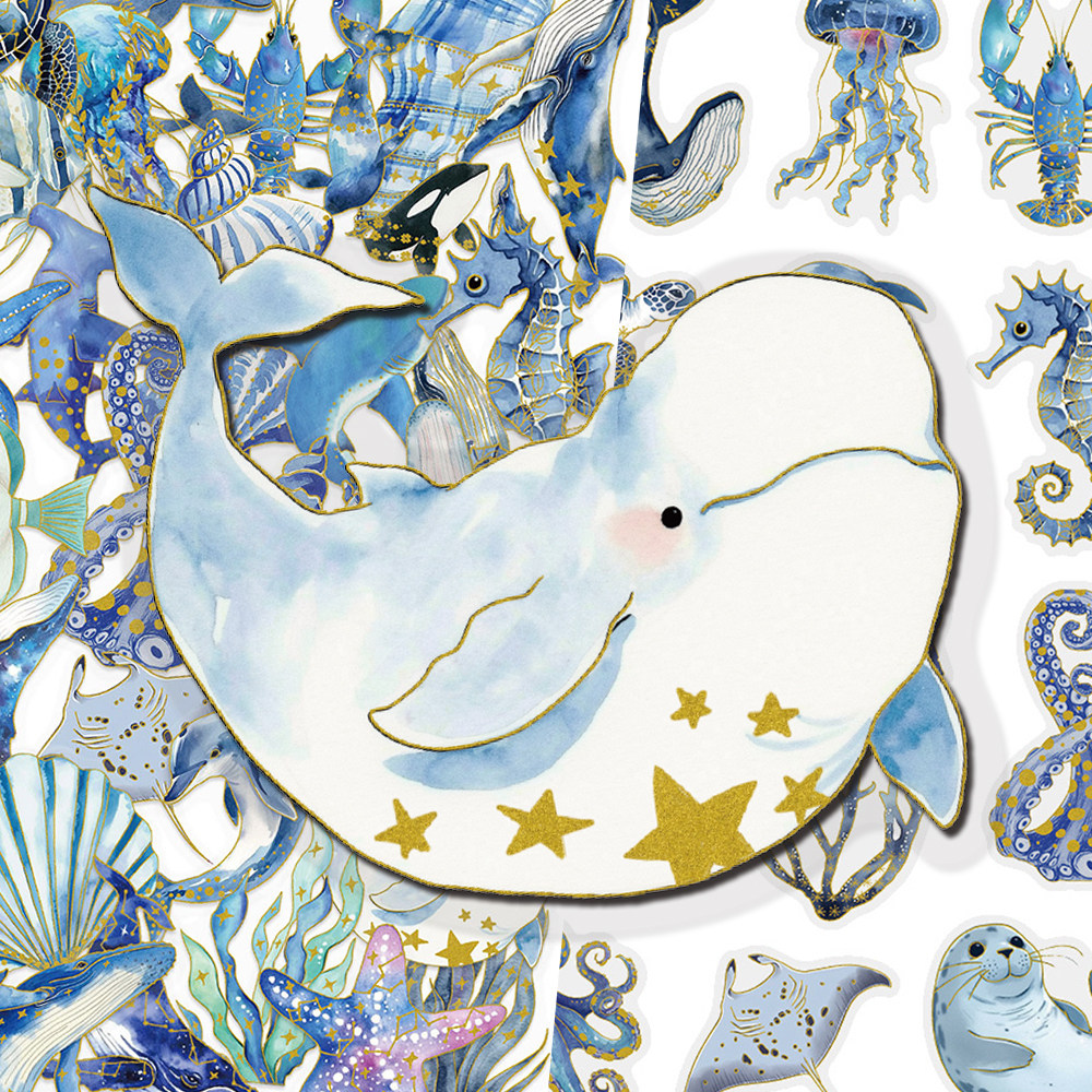 100 Sheets of Marine Life Gold Foil Pet Stickers ins Exquisite Hand-Painted Sea Whale, Seahorse, Small Fish, Starfish Stickers for DIY