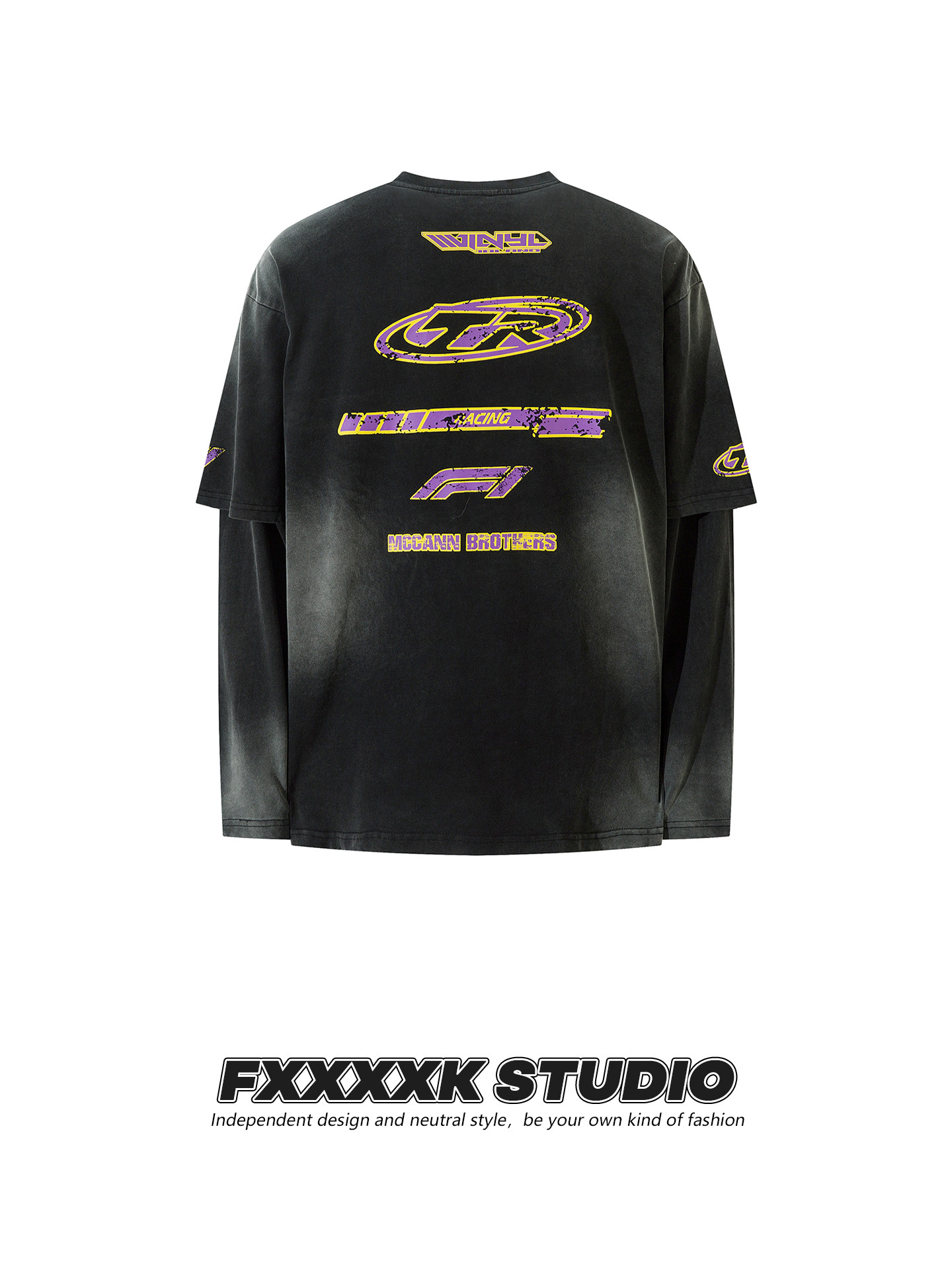 Fxk Original American Retro Heavy Washed Distressed Niche Design Fake Two-Piece Racing Long Sleeve T-Shirt Base Layer