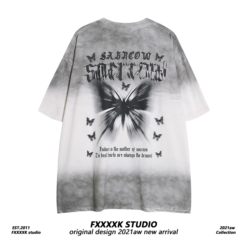 Fxk Original American Retro Trendy Brand Tie-Dye Gradient Color Washed Vintage Butterfly Print Couple Short-Sleeve T-Shirt