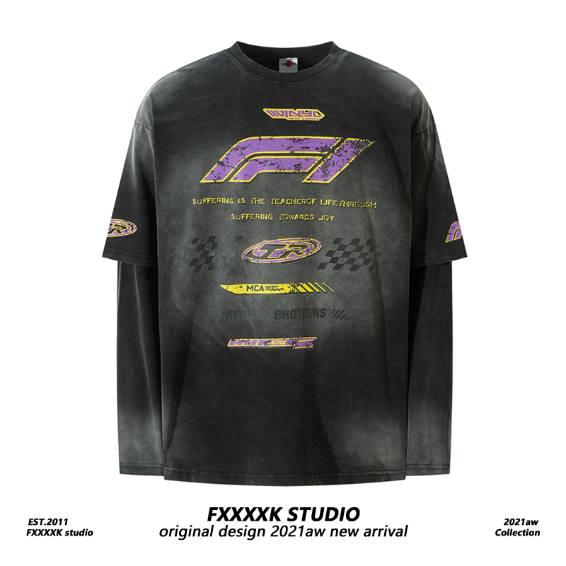 Fxk Original American Retro Heavy Washed Distressed Niche Design Fake Two-Piece Racing Long Sleeve T-Shirt Base Layer