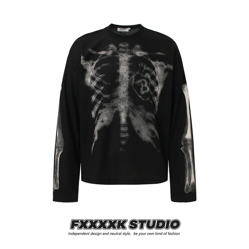 Fxk Original American Style Trendy High Street Cool Skull Print Design Long Sleeve T-Shirt for Men, Autumn and Winter