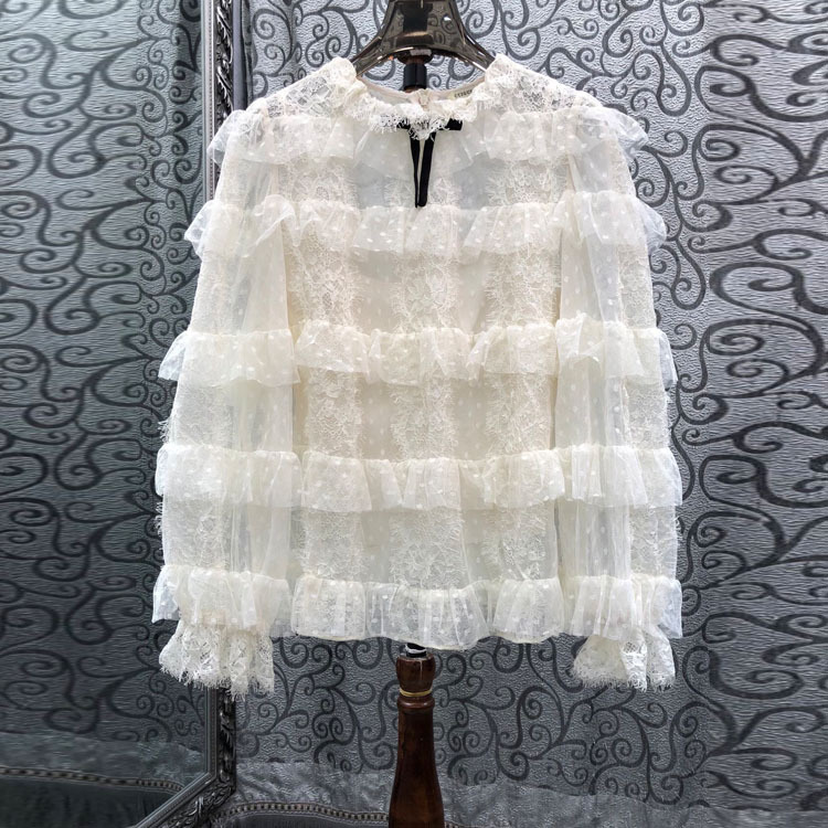 Chu Sujia's New Autumn Collection of European-Style Women's Clothing: Mesh Polka Dot Lace Ruffle Shirt, Age-Reducing, Elegant, Niche Top