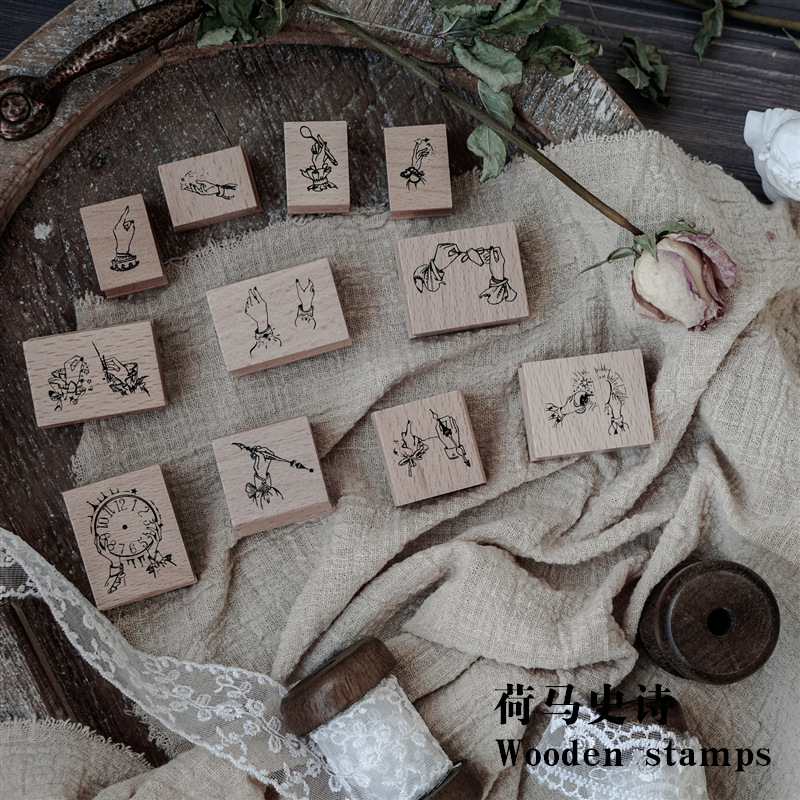 ENO original wooden seal Horses epic series retro gesture handbooks DIY Decorative Base Material Prints