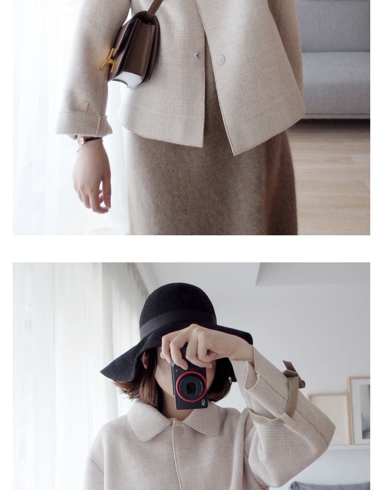 Tuyên truyền mùa thu và mùa đông Hàn Quốc retro cổ áo len len áo khoác ngắn hai mặt cashmere kẻ sọc áo khoác len - Accentuated eo áo áo khoác dạ dài nữ