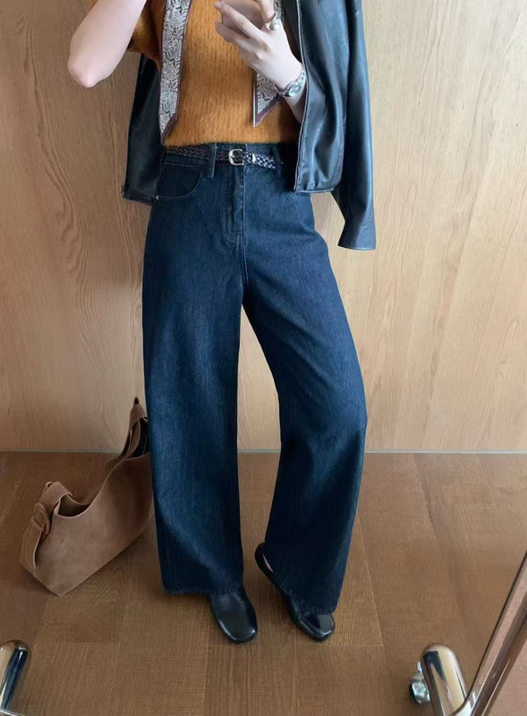 Korean Style Slimming 2025 Autumn New High-Waisted Raw Denim Washed Straight-Leg Jeans for Women, Loose Wide-Leg Pants 2976