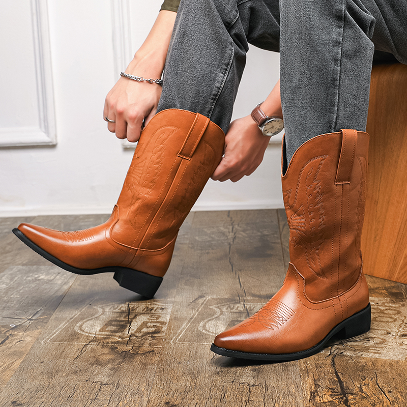 High-Top Knight Boots, Mongolian Riding Boots, Men's Retro Western Cowboy Boots, British Style Pointed Leather Boots, Long Martin Boots