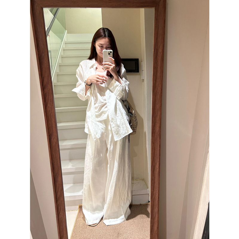 Old Money Style White Linen Shirt Set with French Flair, Casual Wide-Leg Pants Two-Piece Set for Women, Summer High-End Feel