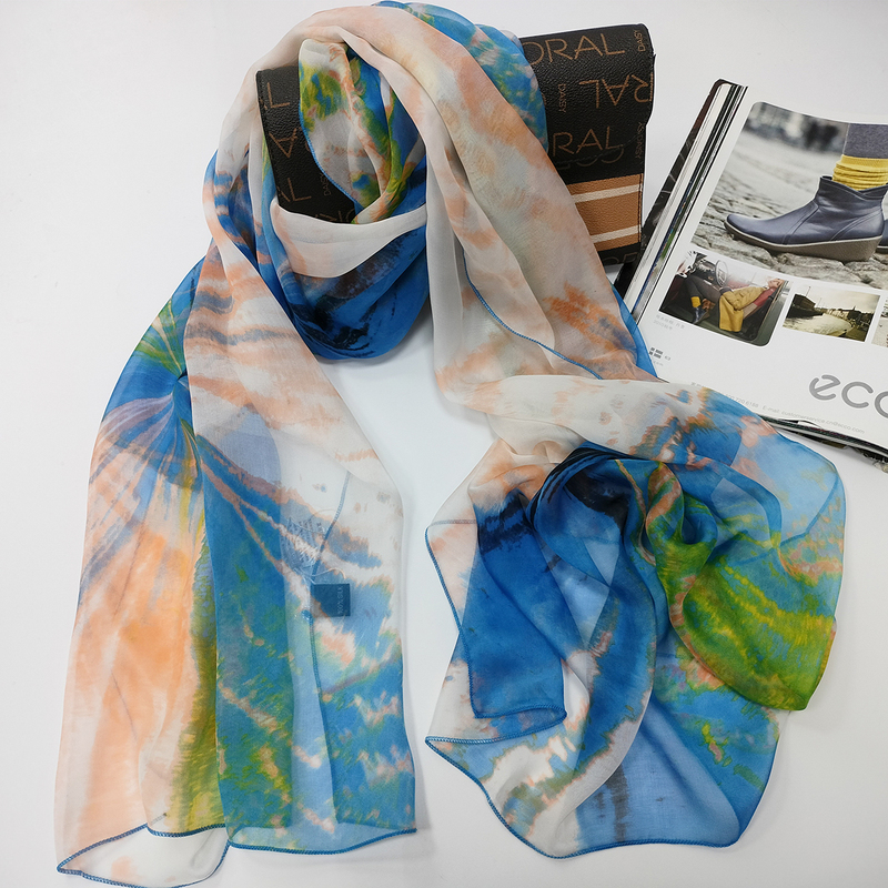 Korean Style New Silk Printed Long Scarf for Women, Spring, Autumn, and Winter, 100% Mulberry Silk Scarf, Shawl, Soft Beach Towel