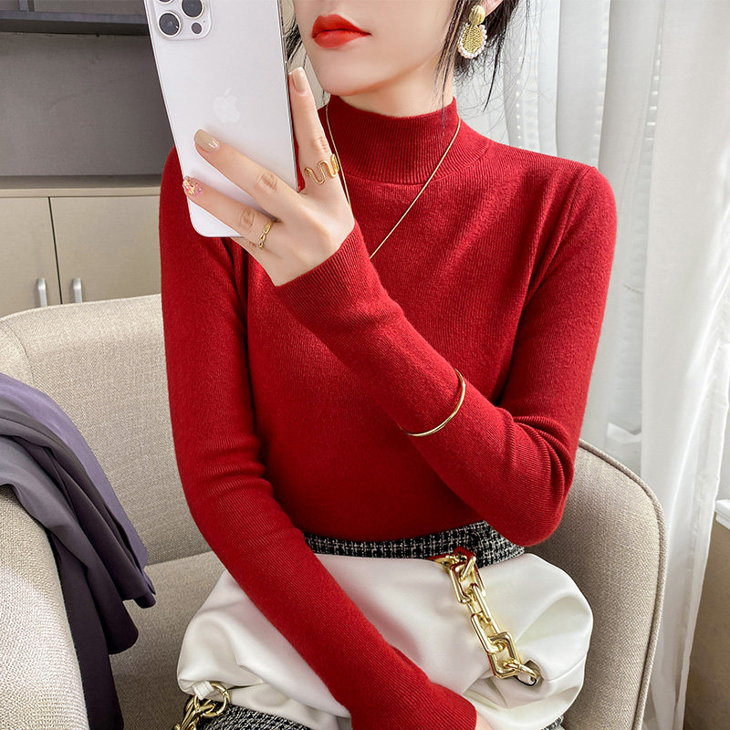 Semi-high collar hitch red sweater 2021 new spring and autumn renovated body 100 hitch cardiovert undershirt female blouses