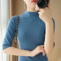 Spring and autumn black half-height collar sleeve pullover sweater women's five-point sleeve slim thin tight top bottoming shirt