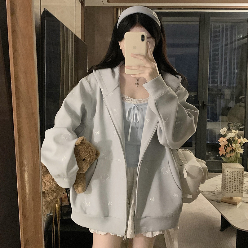 Embroidered Kitty Cat Pink Cardigan Jacket for Women, Spring and Autumn Thin Style, Loose and Lazy Design, Zip-Up Hooded Sweatshirt