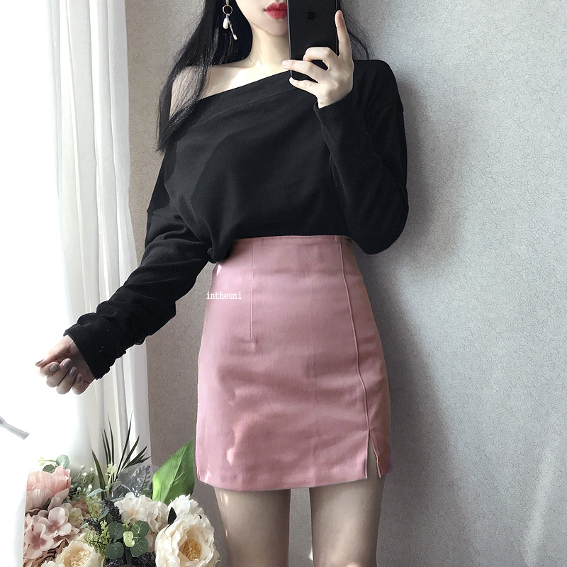 Váy xẻ eo cao mùa thu đông nữ 2018 phiên bản Hàn Quốc mới của nhung hoang dã nhung đen túi đeo hông bước váy váy chữ a
