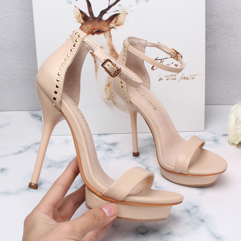 Genuine Leather 12cm Summer Ankle Strap Ultra-High Heel Sandals for Women, Waterproof Platform, Stiletto Heel, Sexy Nude Color, Open Toe, Runway Style