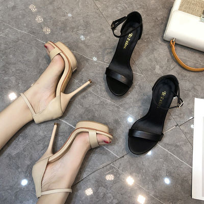 Summer genuine leather one-shoulder strap waterproof platform high heels, sandals, women's thin heels, black SW, sexy and not tiring, 12cm