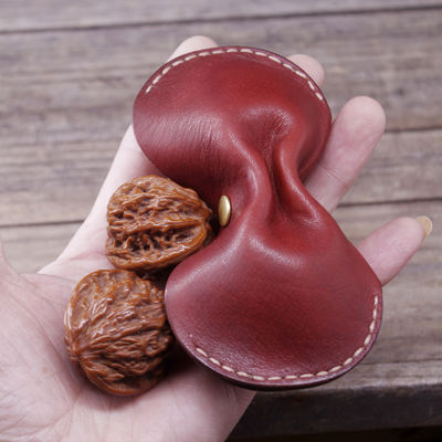 Vegetable-tanned cowhide genuine leather hand-sewn decorative walnut bag handle, fitness massage handball vajra, cowhide storage bag