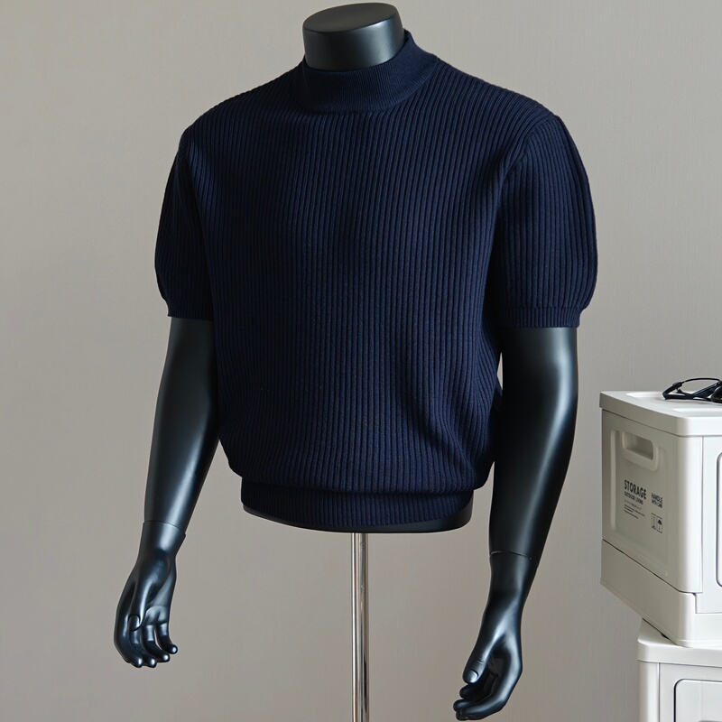 Old Money Style Half-High Collar Ribbed Sweater for Men, Short-Sleeved, Thickened for Autumn and Winter, Mid-Neck, Long-Sleeved Knit Base Layer