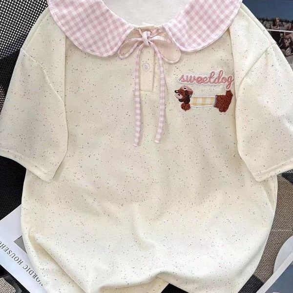 Puppy Embroidery Polka Dot Polo Shirt Summer Cute Turn-Down Collar Short-Sleeve T-Shirt for Women with Bow Tie Loose Top Trendy