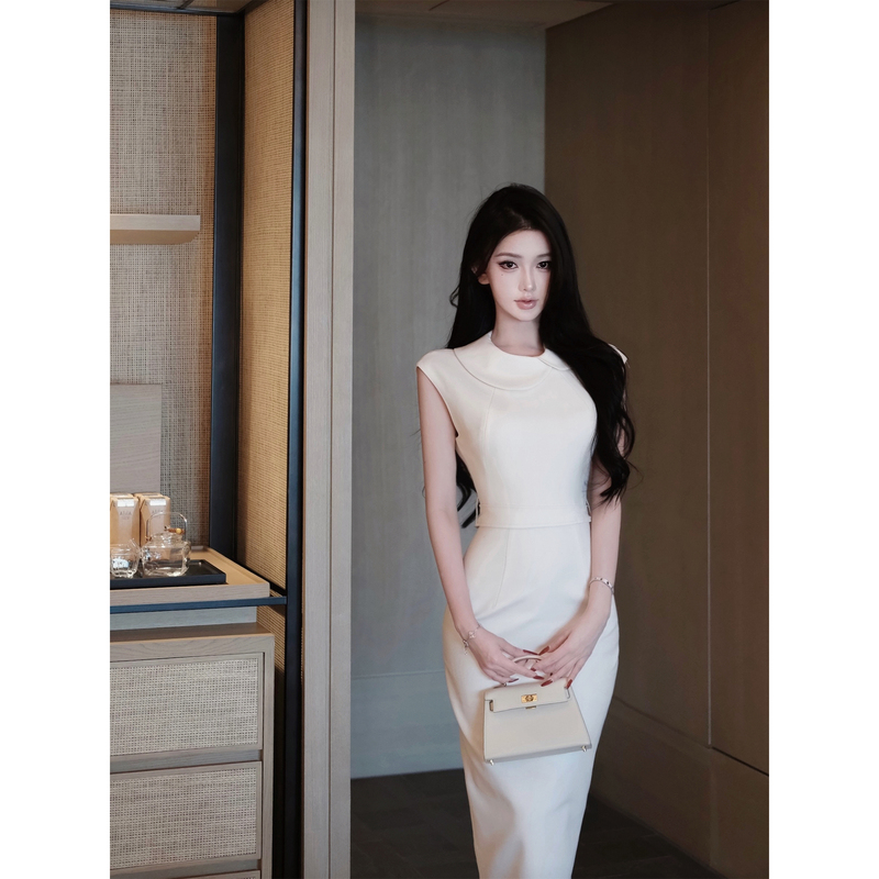 Jayky Yang【Miss Winnie】Dress with Doll Collar, Long Skirt for Women, Vintage Style, Waist-Cinching, Slimming Mid-Length Skirt