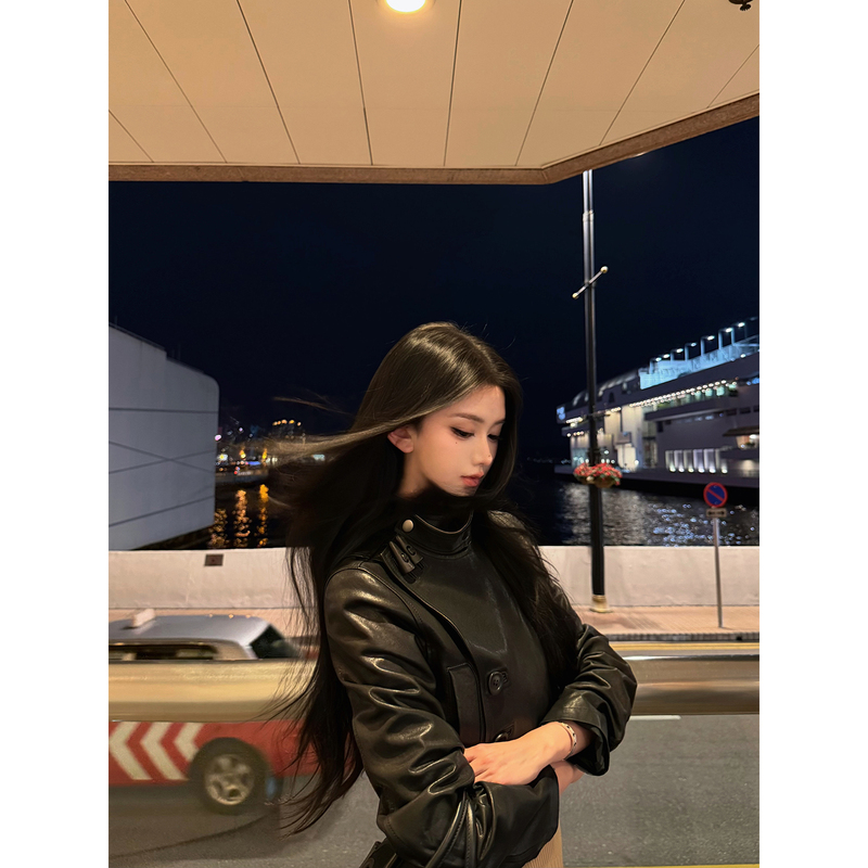 Jayky Yang【Manhattan】Retro Stand-Up Collar Sheep Leather Pu Leather Jacket Black Short Leather Jacket Jayky Yang【Manhattan】Retro Stand-Up Collar Sheep Leather Pu Leather Jacket Black Short Leather Jacket
