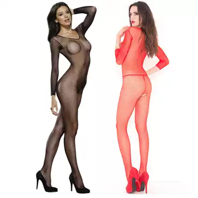 Ultra-thin transparent long sleeve open crotch small mesh one-piece socks women big round neck free from one-piece sex stockings net socks 8003