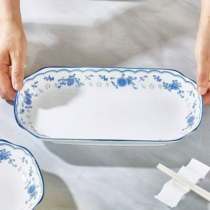 Jingdezhen Ceramic High-End Household Tableware Set, Chinese-Style Bone China Blue and White Porcelain Bowl and Plate Combination, Large Fish Plate, Large Square Plate