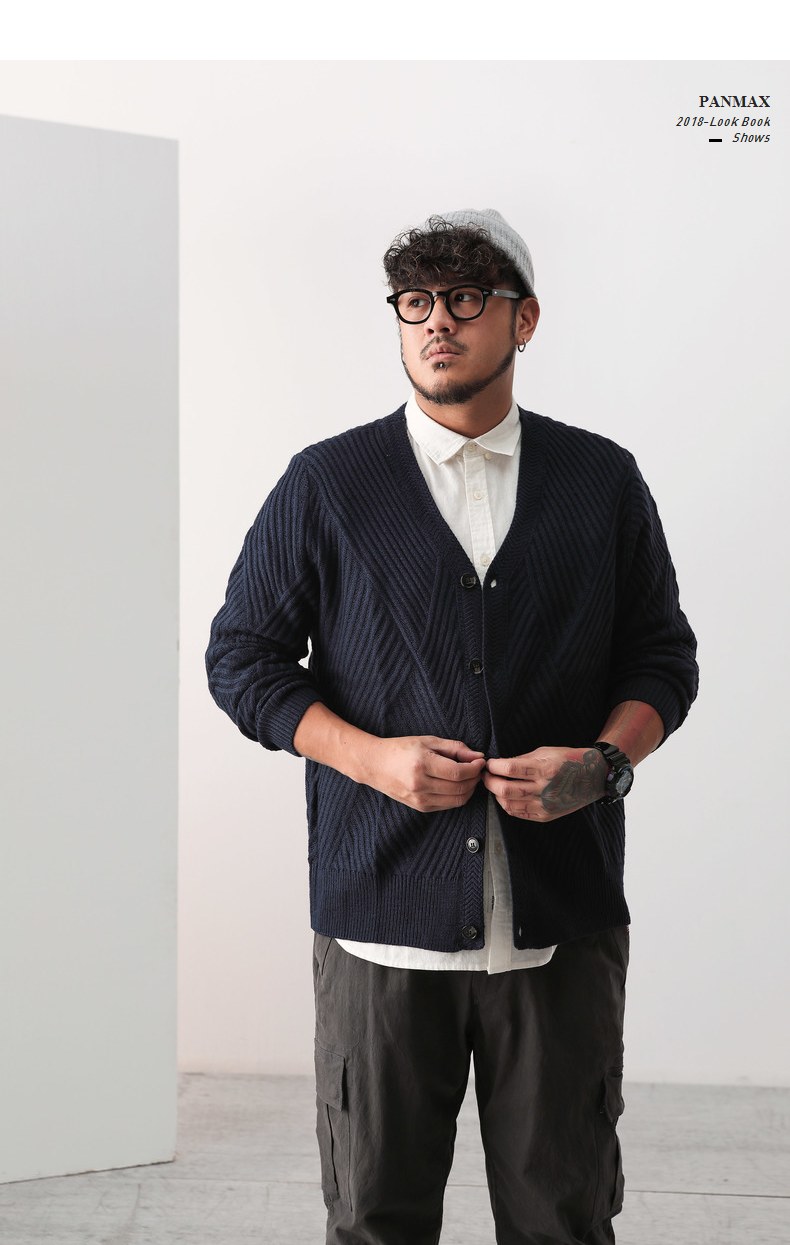 Áo len nam PANMAX Chất béo Áo len Áo khoác Cuffs Loose Tide Brand Plus Phân bón Áo len cardigan phong cách thời trang nam