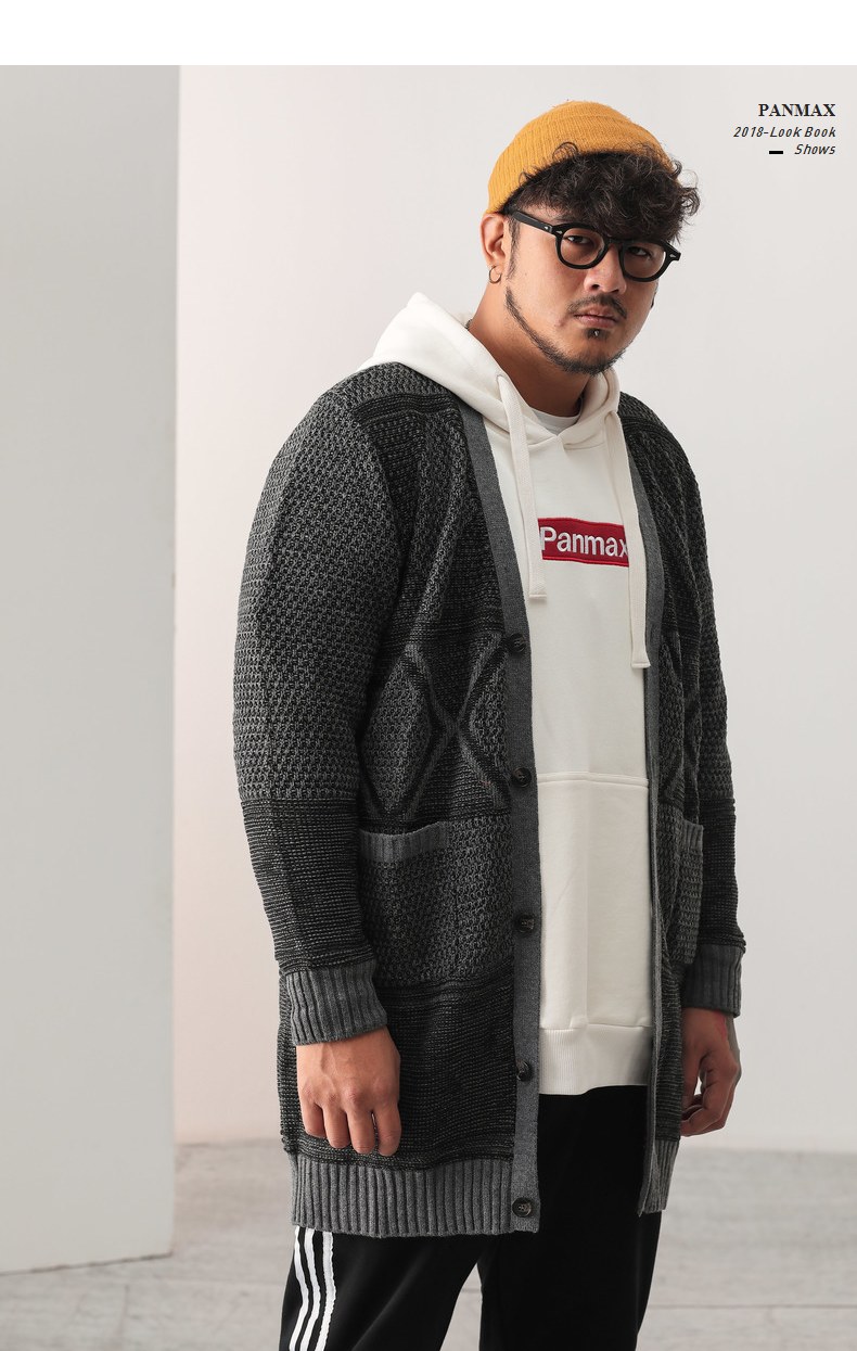 PANMAX thủy triều thương hiệu kích thước lớn quần áo nam kích thước lớn áo len hình học jacquard dài áo len chất béo áo len - Cardigan áo len cổ cao nam