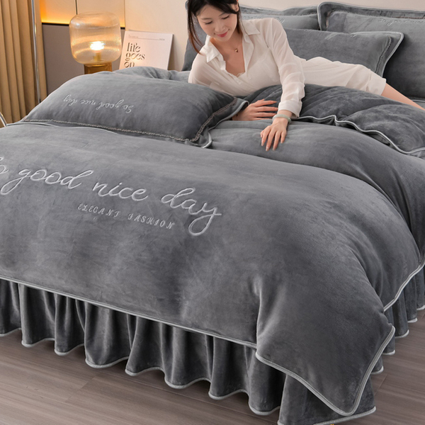 Minimalist Pure Color Embroider Milk Fiber Quilt Cover Winter Double-Sided Coral Fleece Thickened Heattech 150 X200x230 Quilt Cover