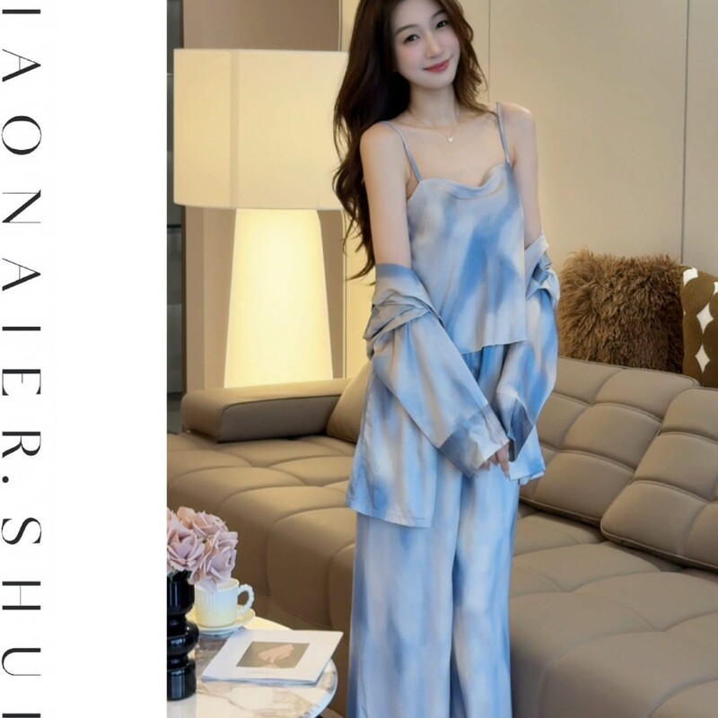 【Blue Island Breeze】Summer Three-Piece Tie-Dye High-End Pajamas for Women, Waist-Cinching, Slimming, Can Be Worn Outside, Loungewear 【Blue Island Breeze】Summer Three-Piece Tie-Dye High-End Pajamas for Women, Waist-Cinching, Slimming, Can Be Worn Outside, Loungewear