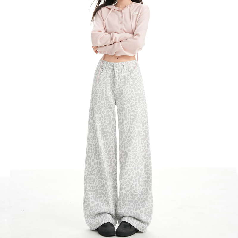 La Chapelle Leopard Print Wide-Leg Jeans for Women, New Spring/Summer American High Street Style, Loose and Versatile Straight-Leg Pants
