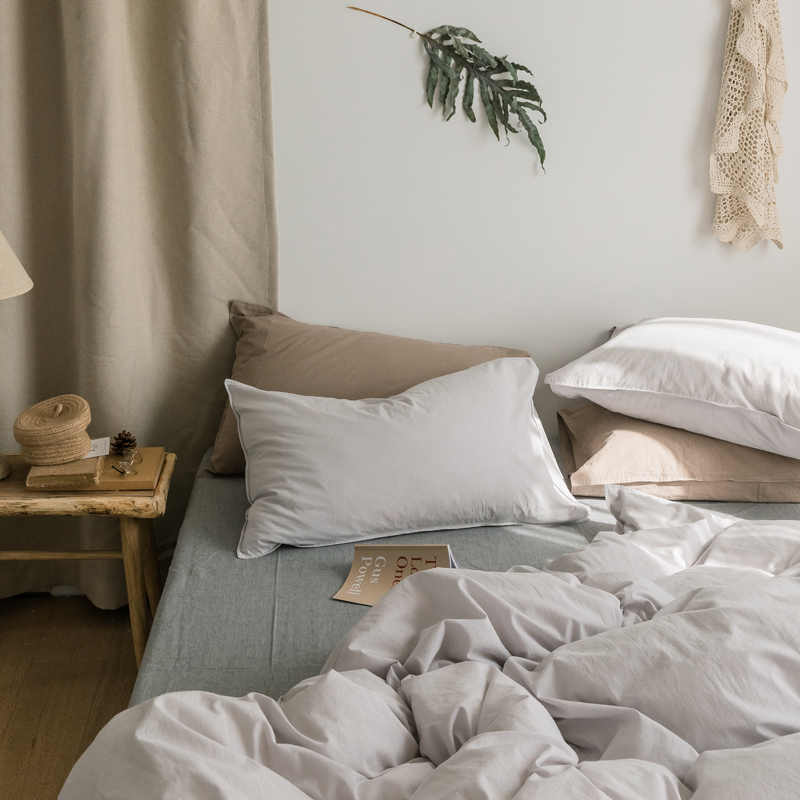 Nordic đơn giản bông màu bông rửa gia đình lanh 1,5 1,8 m giường bốn giường chăn đơn Li - Bộ đồ giường bốn mảnh chăn ga tencel
