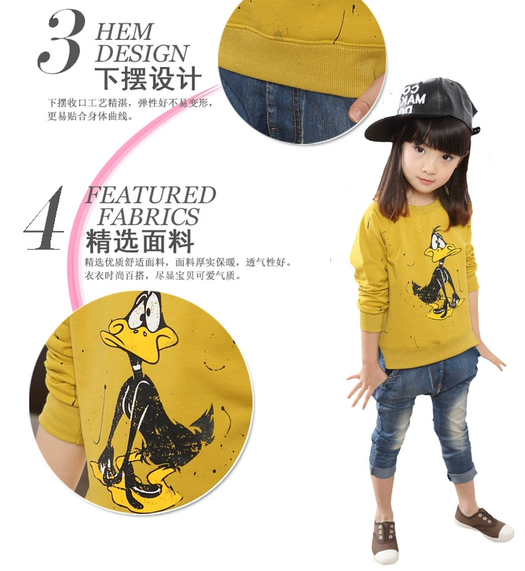 Mùa xuân và mùa thu mẫu bé gái áo thun cotton dài tay cho bé lớn và trẻ em thả lỏng đáy áo cộng với áo len nhung dày áo thủy triều