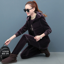 Winter warm suit womens simple three-piece set fashion hooded vest sweater collar thickened gold velvet suit womens winter