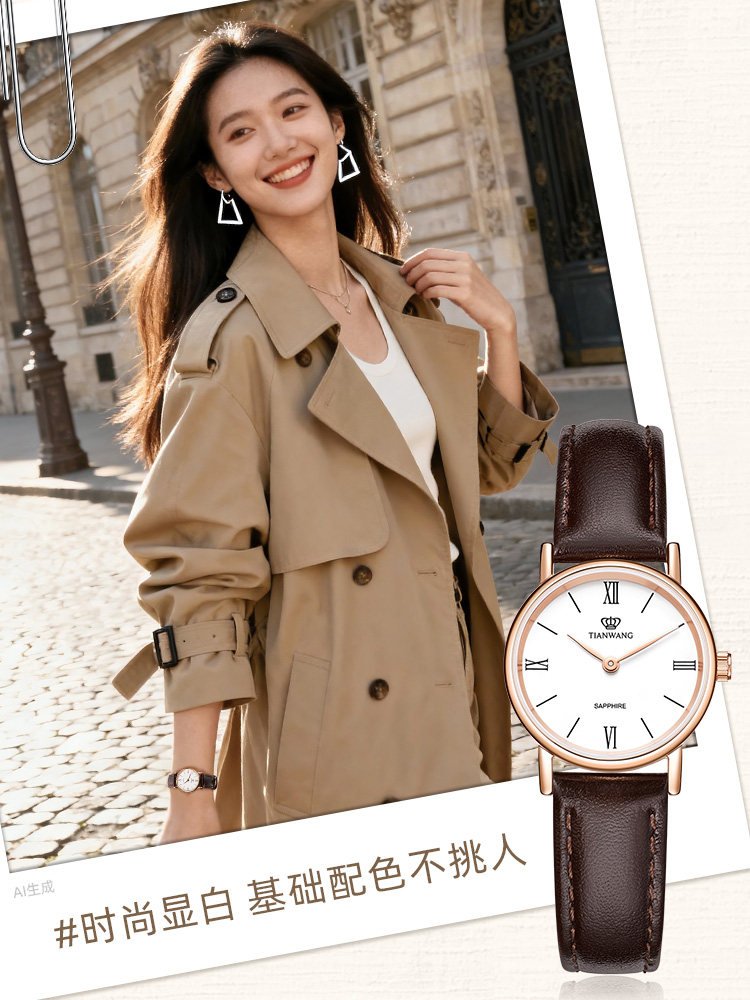 Tianwang Watch Retro Light Luxury Genuine Leather Quartz Compact Student Exam Watch for Women 3612 Birthday Graduation Adult Gift