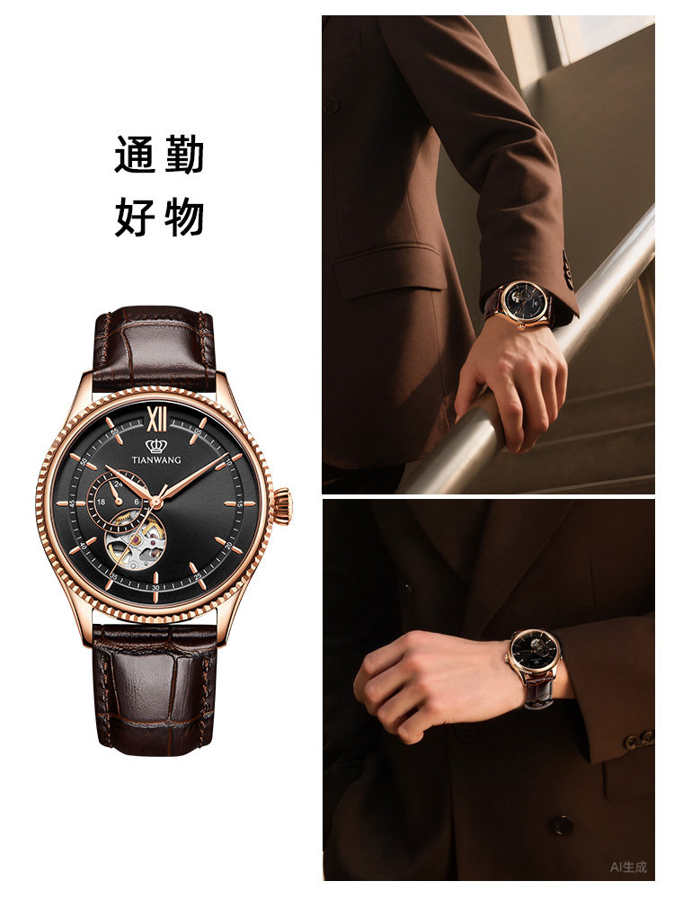 Tianwang Watch Fashion Skeleton Men's Mechanical Watch 51154 Retro Genuine Leather Business Men's Watch Gift for Boyfriend
