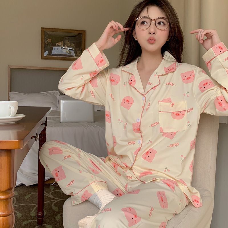 Li Shu's Same Style Spring and Autumn Cotton Long-Sleeved New Cute Cartoon Pig Cardigan Can Be Worn Outside as a Home Wear Set