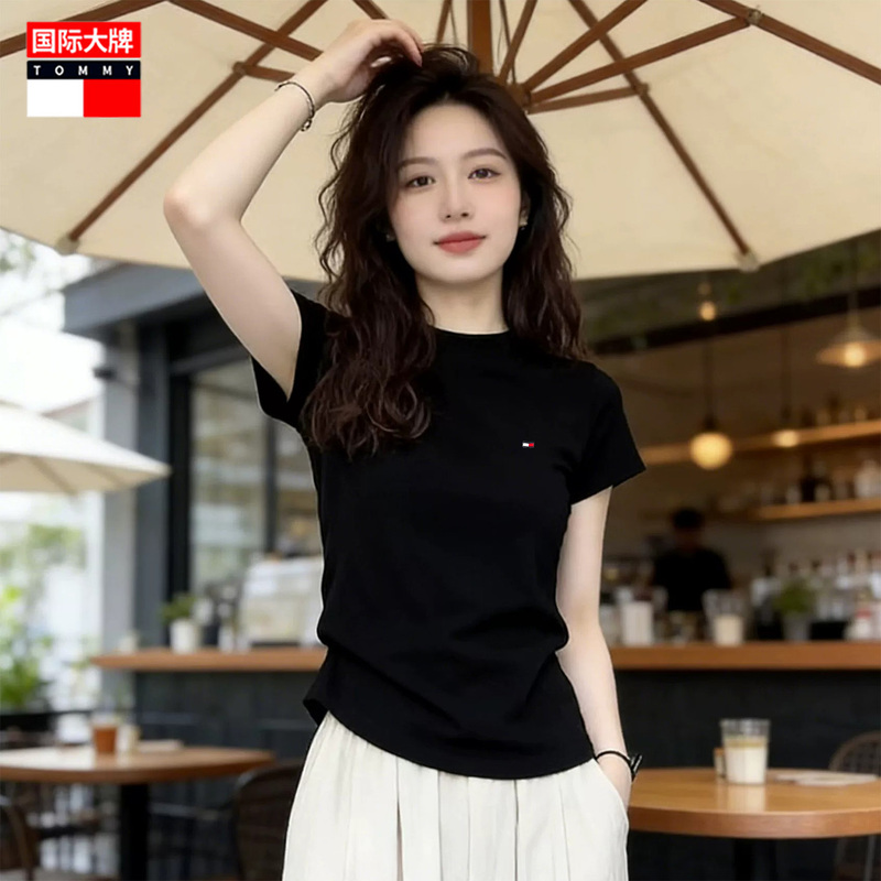 Tommy Pure Cotton Short-Sleeve T-Shirt for Women, Spring/Summer 2026 New Style, Slim-Fit, Round Neck, Embroidered, Slim Waist, Half-Sleeve, Fitted Top