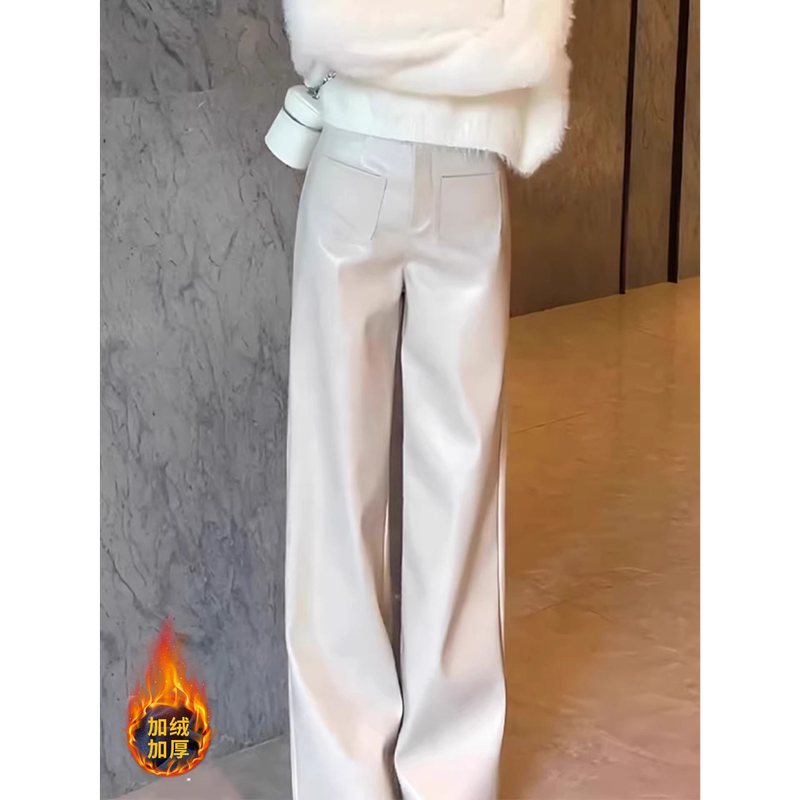 New Autumn and Winter French Light Luxury Style White Front Pocket Fleece-Lined Straight-Leg Leather Pants with a Stylish and Unique Fashion Casual Look